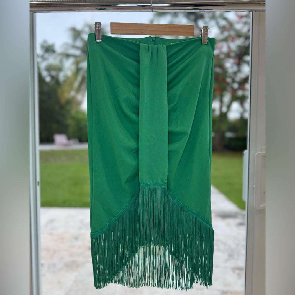 Ma Cherie Green Fringe Midi Skirt – High Waist, Ruched Detail, Size S